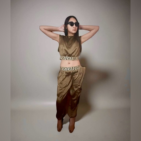 Cien Bronze Satin 2Pc Pant and Crop Top Set With Geometric Elastic Waist. Size L - Picture 1 of 9